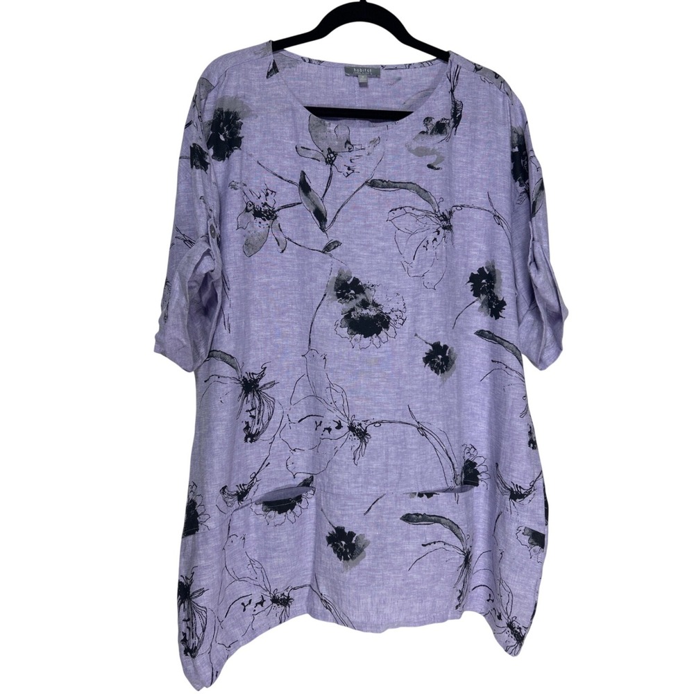 Habitat Linen Blend Watercolor Floral Tunic Top Lavender Purple Size Medium